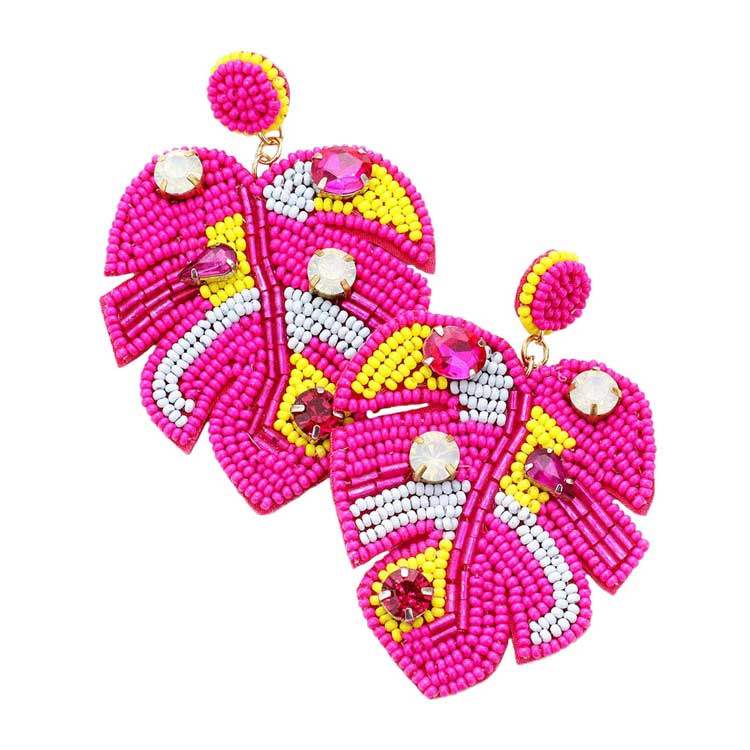 Felt Back Stone Embellished Seed Beaded Leaf Dangle Earring - Madeline Love - Flyclothing LLC