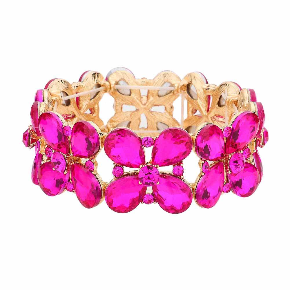 Floral Teardrop Glass Crystal Stretch Evening Bracelet - Madeline Love - Flyclothing LLC