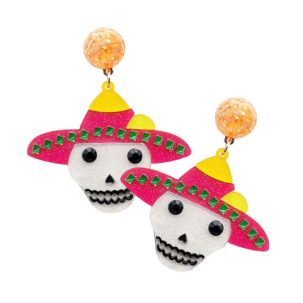 Glittered Resin Hat Skull Dangle Earrings - Madeline Love - Flyclothing LLC