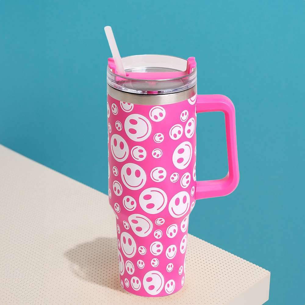 Happy Face Printed 40oz Stainless Steel Tumbler With Handle - Madeline Love - Flyclothing LLC