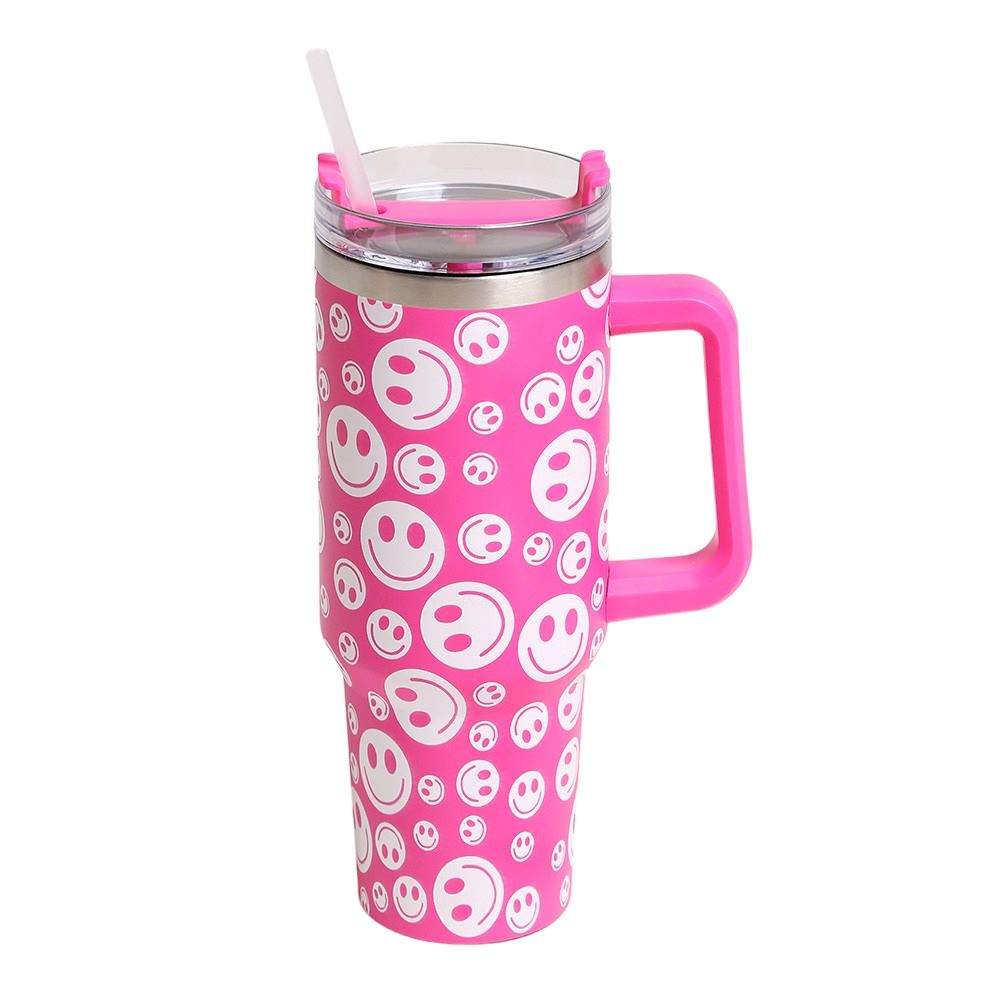 Happy Face Printed 40oz Stainless Steel Tumbler With Handle - Madeline Love - Flyclothing LLC