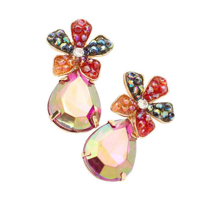 Beaded Flower Teardrop Stone Link Dangle Earrings - Madeline Love - Flyclothing LLC