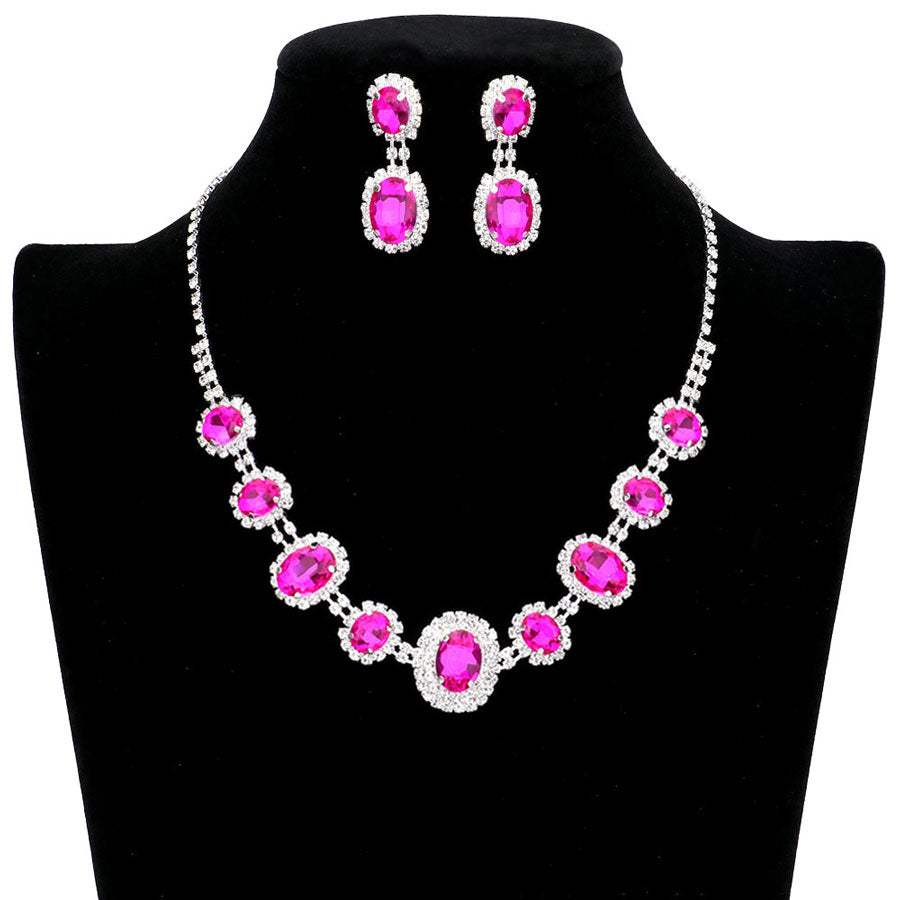 Oval Stone Accented Rhinestone Trimmed Necklace - Madeline Love - Flyclothing LLC