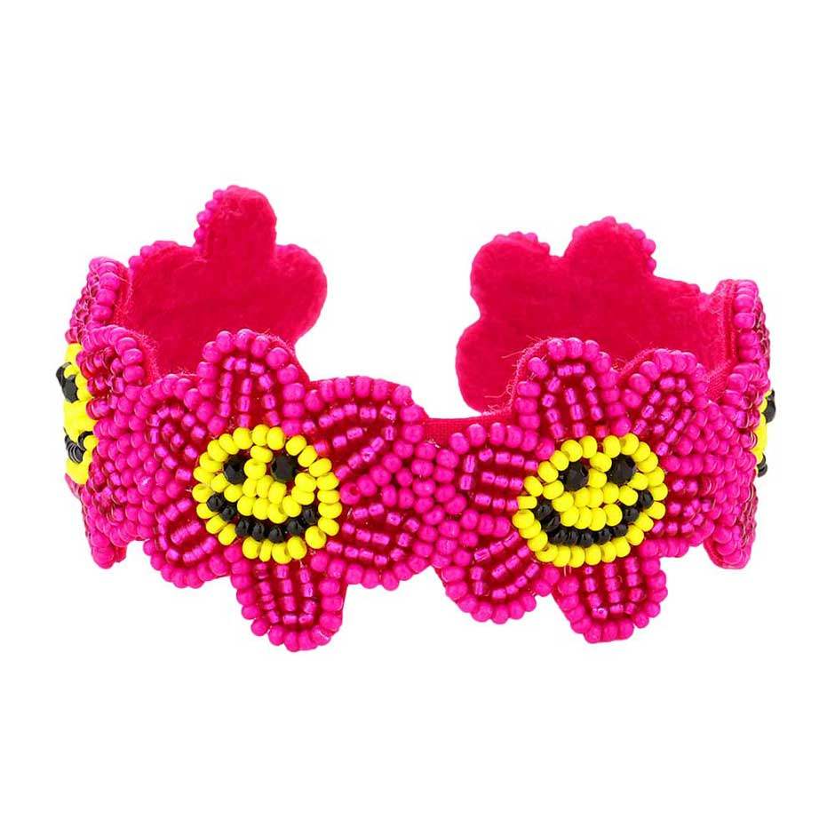 Seed Beaded Smile Flower Cuff Bracelet - Madeline Love - Flyclothing LLC