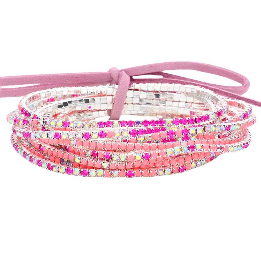 12PCS Ribbon Colorful Rhinestone Layered Stretch Bracelets - Madeline Love - Flyclothing LLC