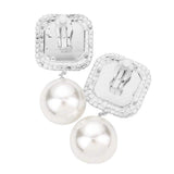 Square Stone Pearl Link Dangle Evening Clip on Earrings - Madeline Love - Flyclothing LLC