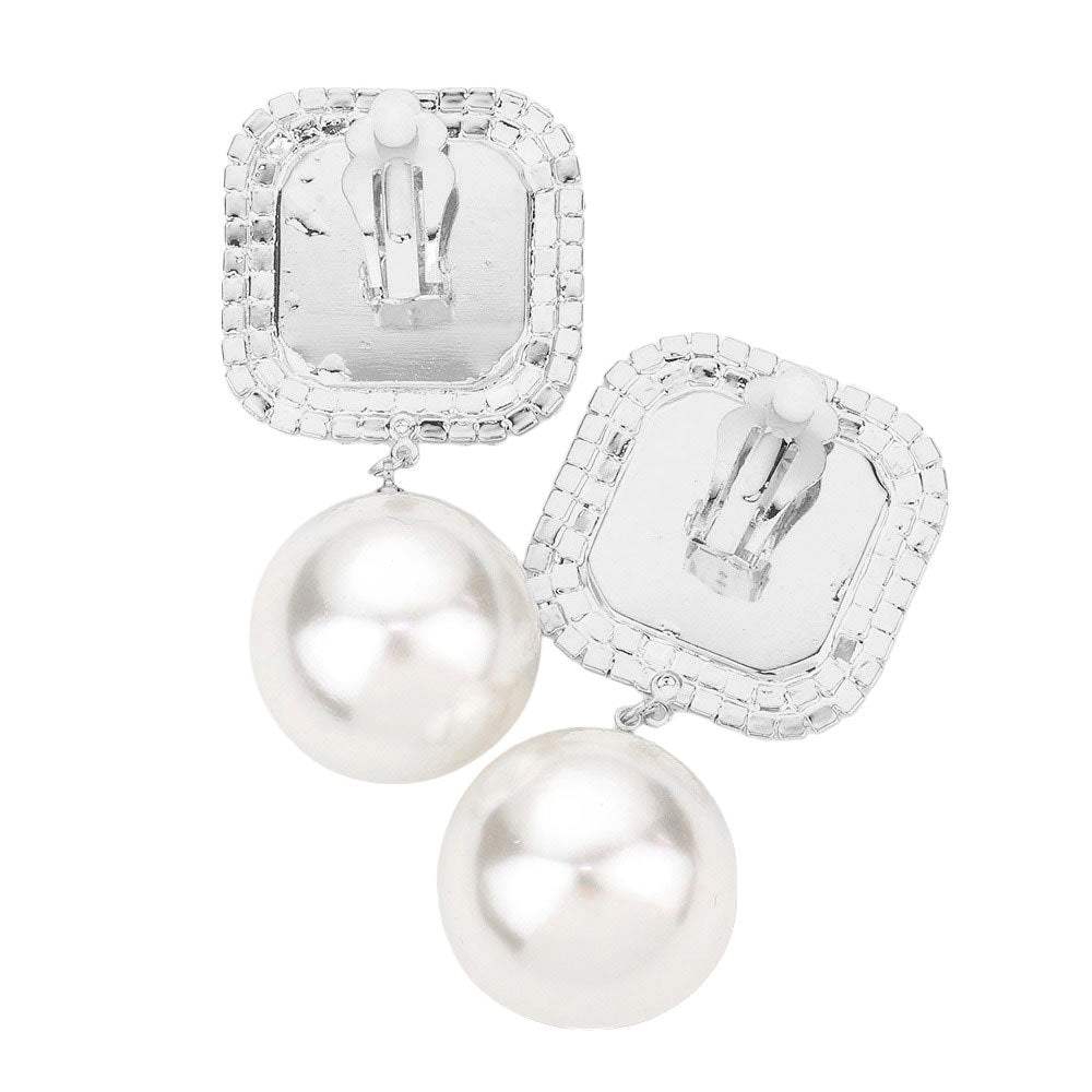 Square Stone Pearl Link Dangle Evening Clip on Earrings - Madeline Love - Flyclothing LLC