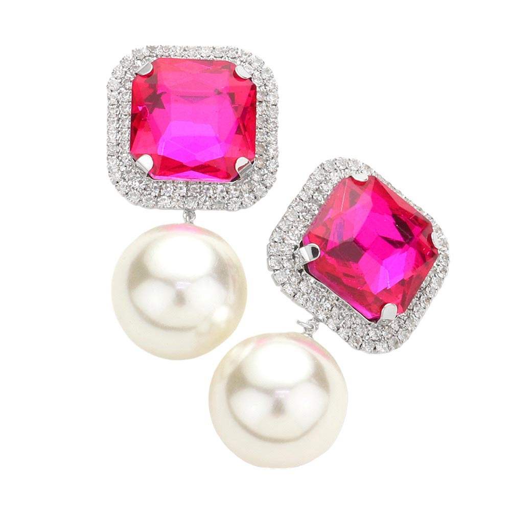 Square Stone Pearl Link Dangle Evening Clip on Earrings - Madeline Love - Flyclothing LLC