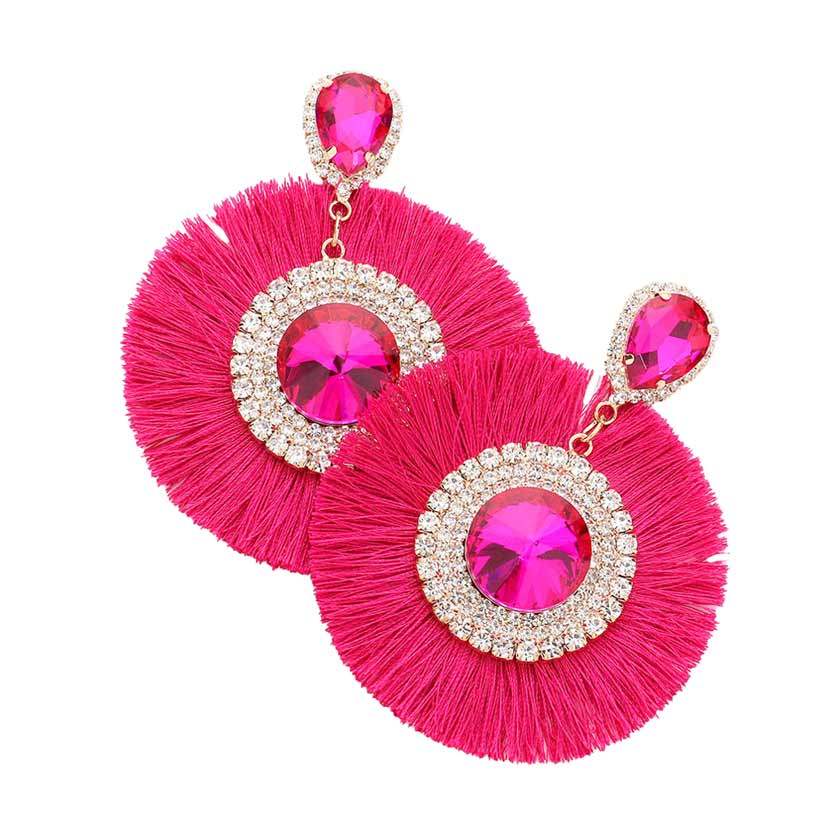 Teardrop Round Stone Accented Tassel Fringe Dangle Earrings - Madeline Love - Flyclothing LLC