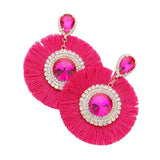 Teardrop Round Stone Accented Tassel Fringe Dangle Earrings - Madeline Love - Flyclothing LLC