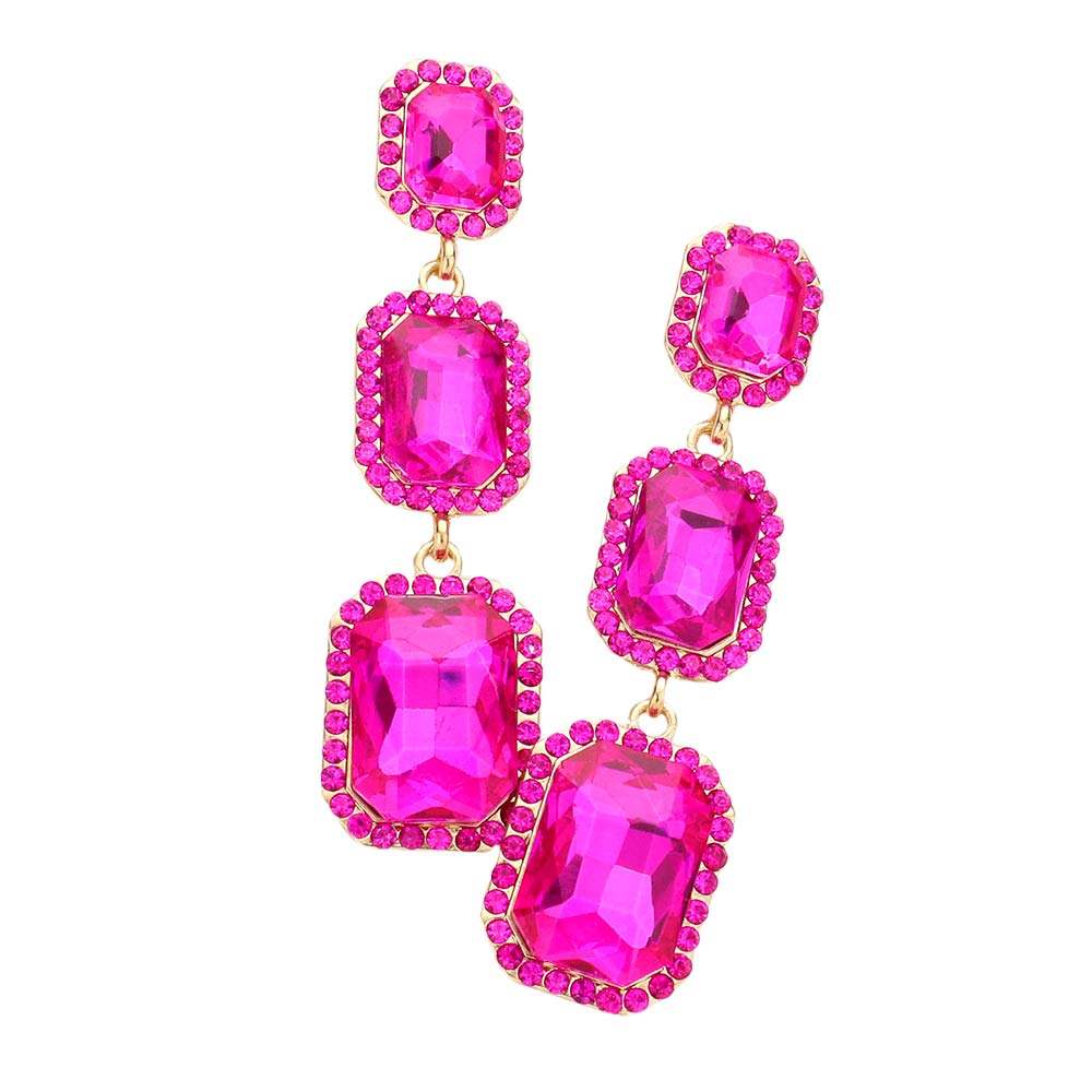 Triple Emerald Cut Stone Link Dangle Evening Earrings - Madeline Love - Flyclothing LLC
