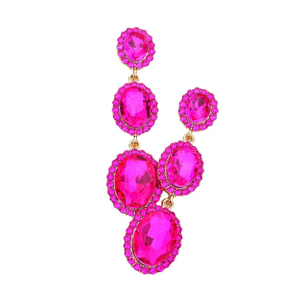Triple Oval Glass Stone Drop Down Dangle Evening Earrings - Madeline Love - Flyclothing LLC
