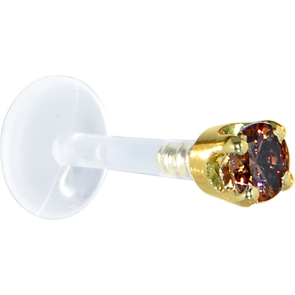 16G 5/16 Solid 14K Yellow Gold 3mm Brown Cubic Zirconia Bioplast Tragus Earring Stud