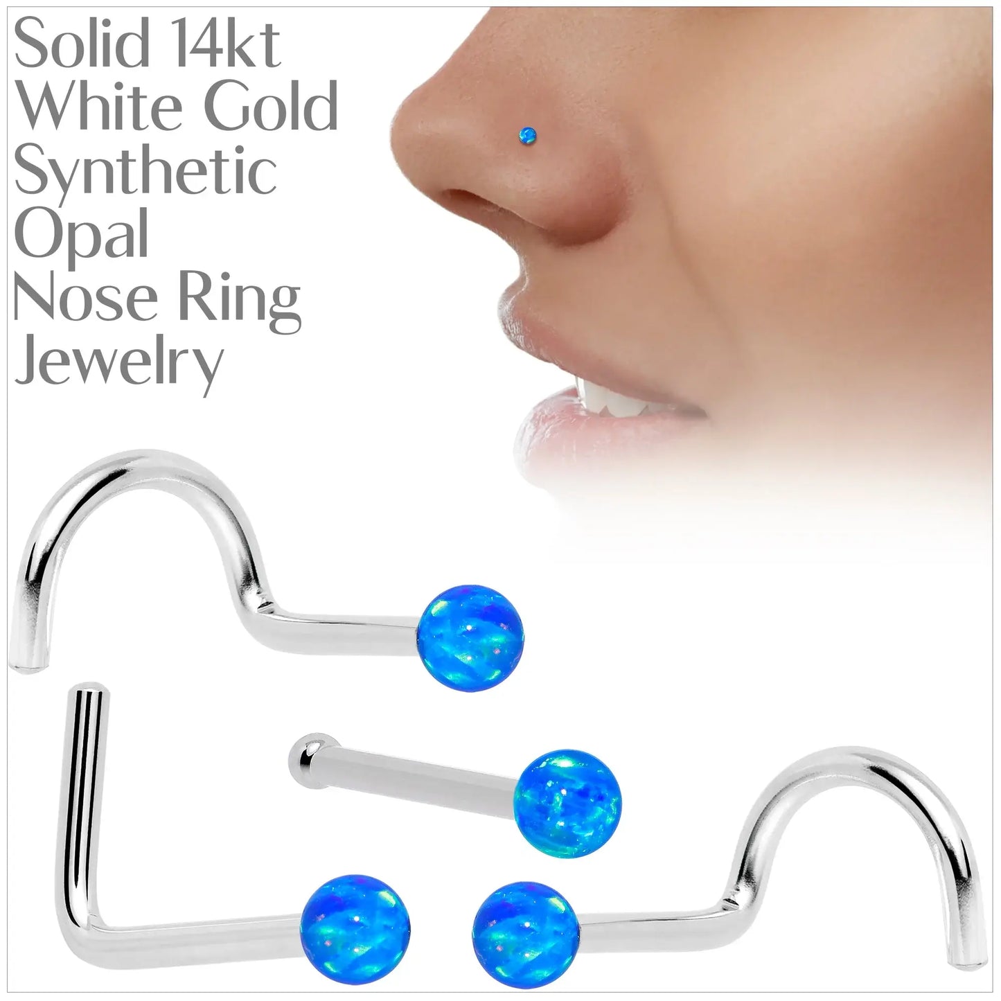 14k White Gold 2.5mm Blue Synthetic Opal Ball Nose Ring - BodyCandy - Flyclothing LLC