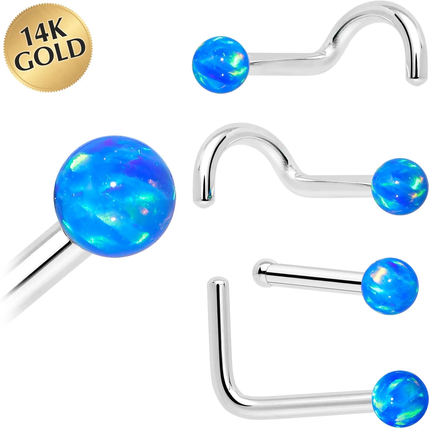 14k White Gold 2.5mm Blue Synthetic Opal Ball Nose Ring - BodyCandy - Flyclothing LLC