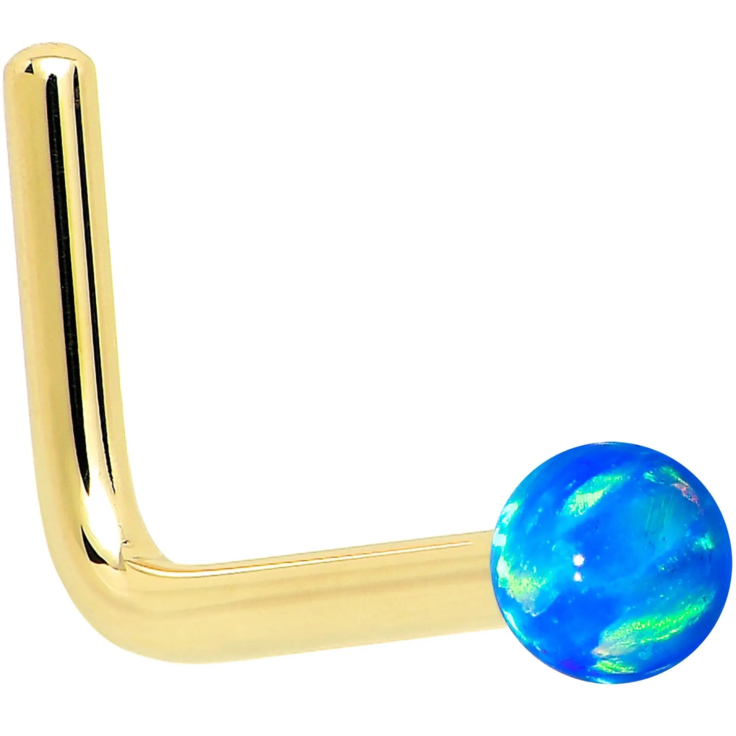 14k Yellow Gold 2.5mm Blue Synthetic Opal Ball Nose Ring - BodyCandy - Flyclothing LLC