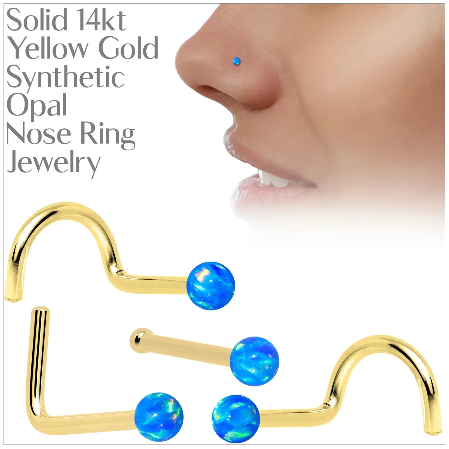 14k Yellow Gold 2.5mm Blue Synthetic Opal Ball Nose Ring - BodyCandy - Flyclothing LLC