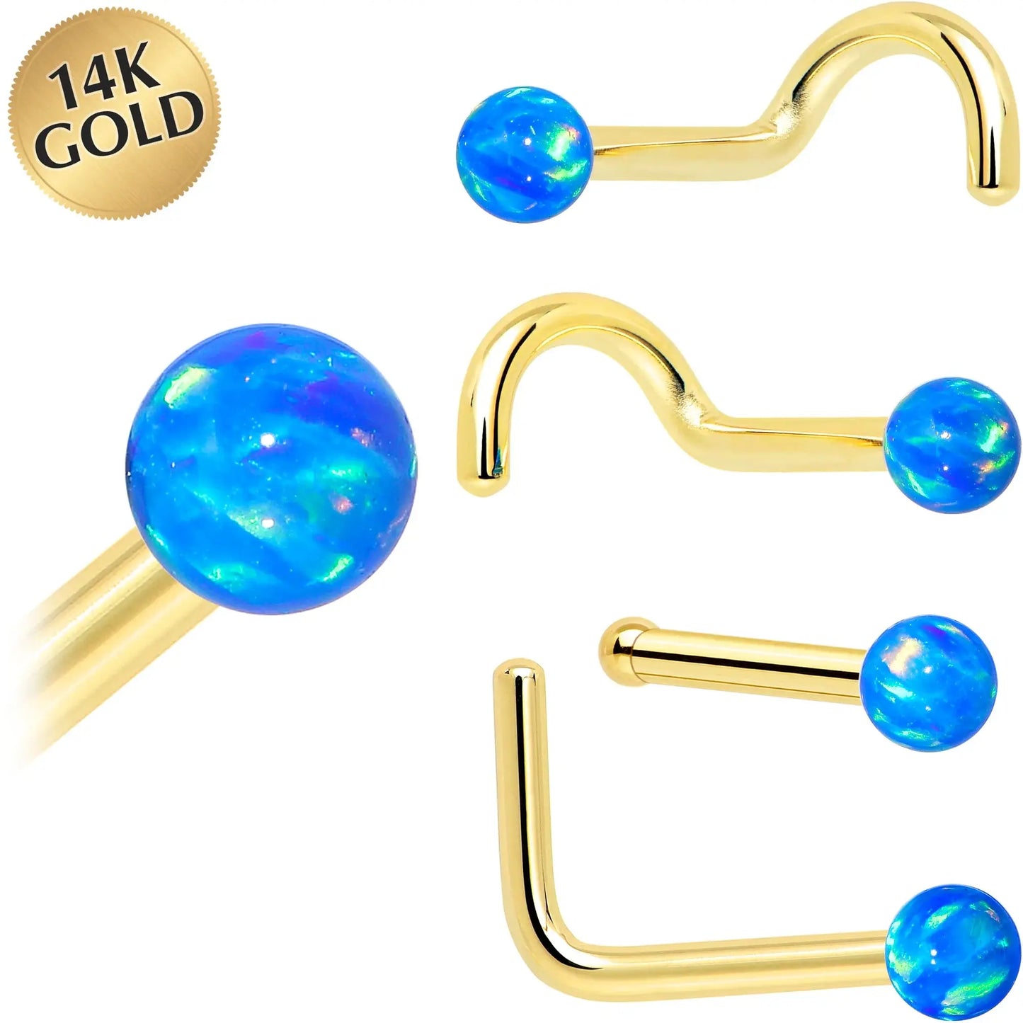 14k Yellow Gold 2.5mm Blue Synthetic Opal Ball Nose Ring - BodyCandy - Flyclothing LLC
