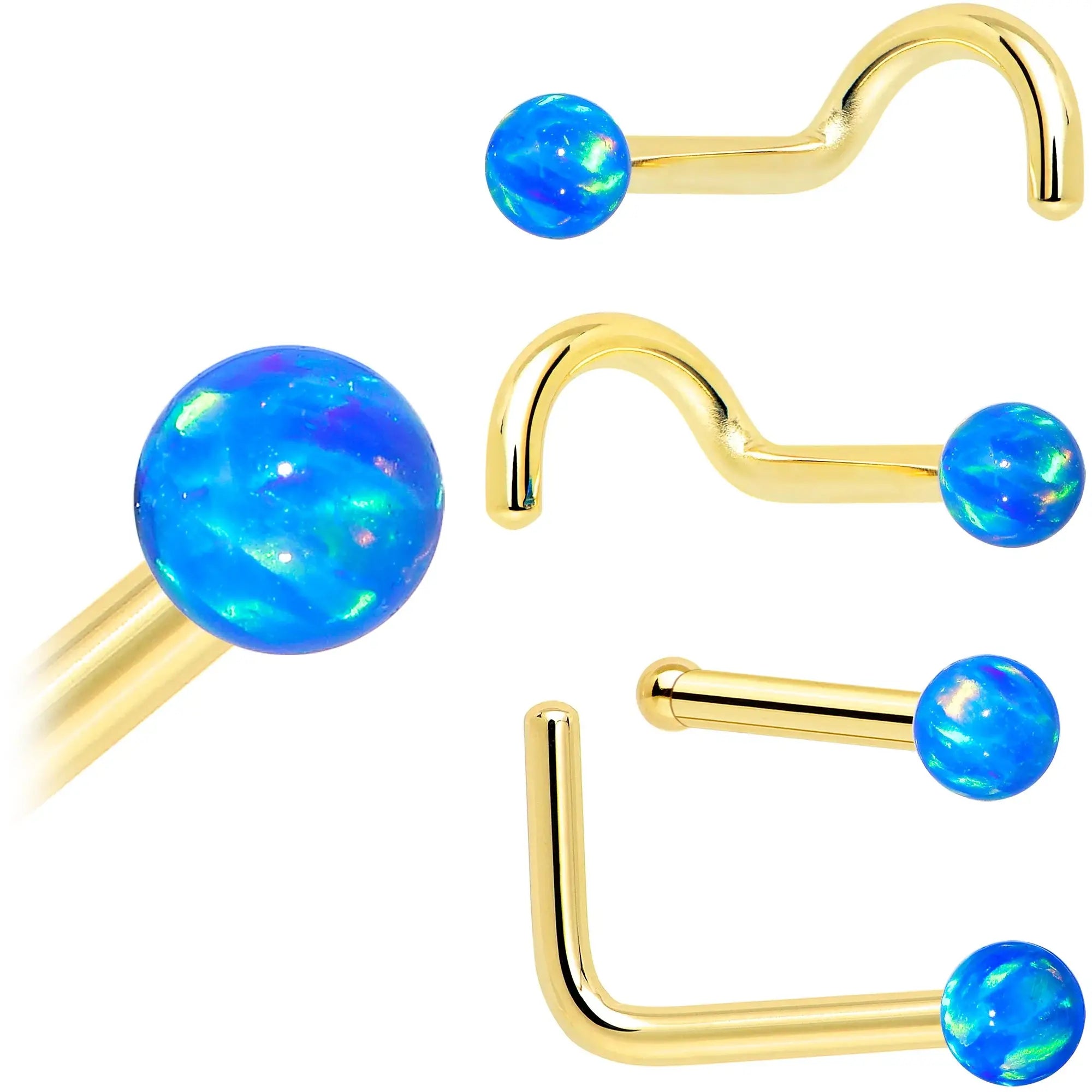 14k Yellow Gold 2.5mm Blue Synthetic Opal Ball Nose Ring - BodyCandy - Flyclothing LLC