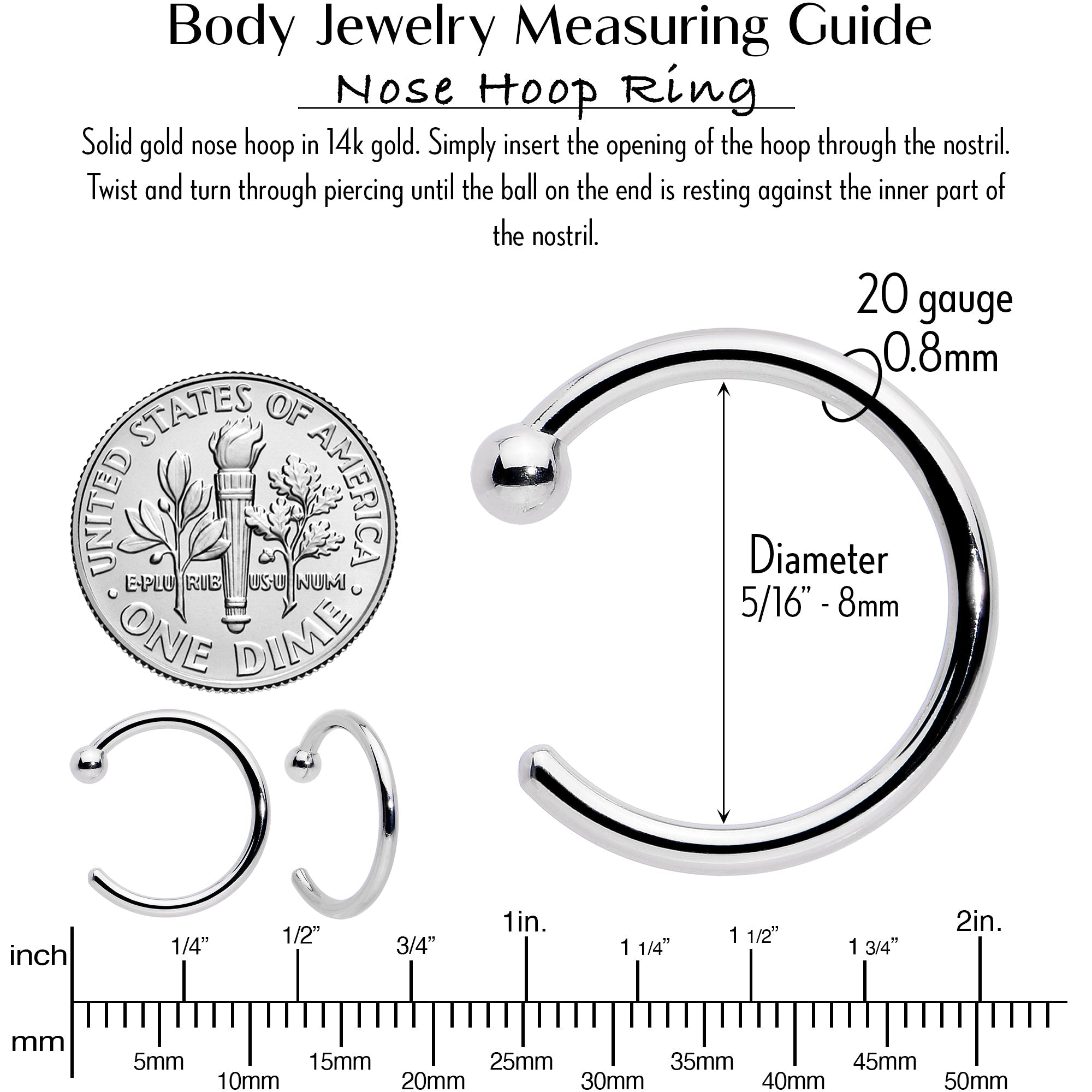 20G 5/16 Solid 14K White Gold Nose Hoop