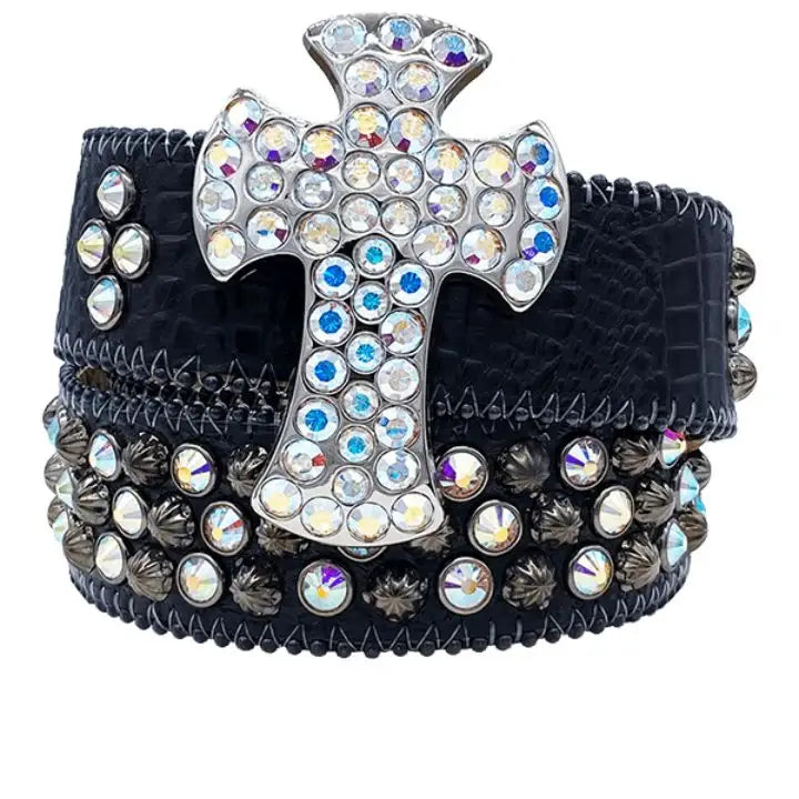 Black Leather Rhinestone Cross Belt - Rhinestone Belt Store - Flyclothing LLC