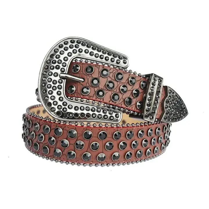Black Rhinestone Belt with Brown Textured Strap - Rhinestone Belt Store - Flyclothing LLC