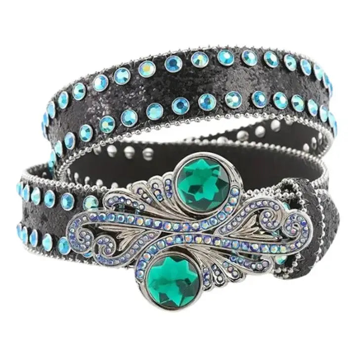 Black Rhinestone Western Belt with Emerald Green Buckle - Rhinestone Belt Store - Flyclothing LLC