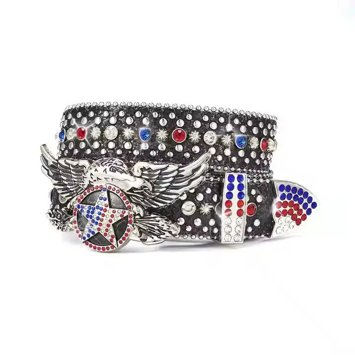 Black American Eagle Star Rhinestone Belt - Rhinestone Belt Store - Flyclothing LLC