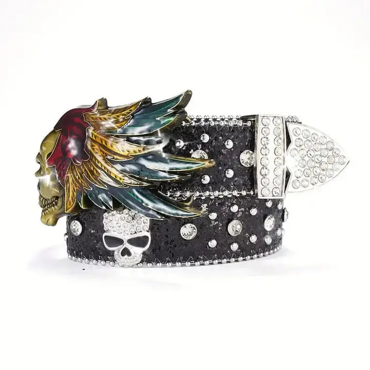 Black Skull & Feather Wing Western Belt - Rhinestone Belt Store - Flyclothing LLC