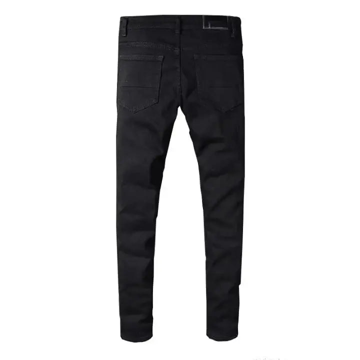 Black Crystal-Patch Slim Fit Rhinestones Ripped Jeans - Rhinestone Belt Store - Flyclothing LLC