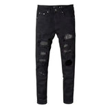 Black Crystal-Patch Slim Fit Rhinestones Ripped Jeans - Rhinestone Belt Store - Flyclothing LLC
