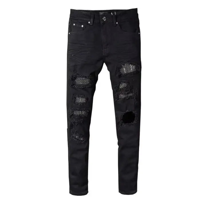 Black Crystal-Patch Slim Fit Rhinestones Ripped Jeans - Rhinestone Belt Store - Flyclothing LLC