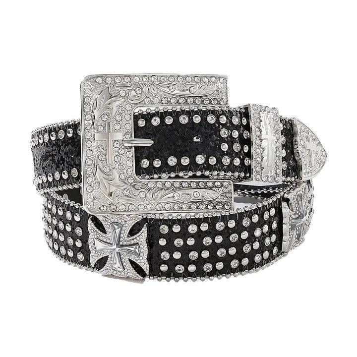 Black Rhinestone Cross Western Belt - Rhinestone Belt Store - Flyclothing LLC