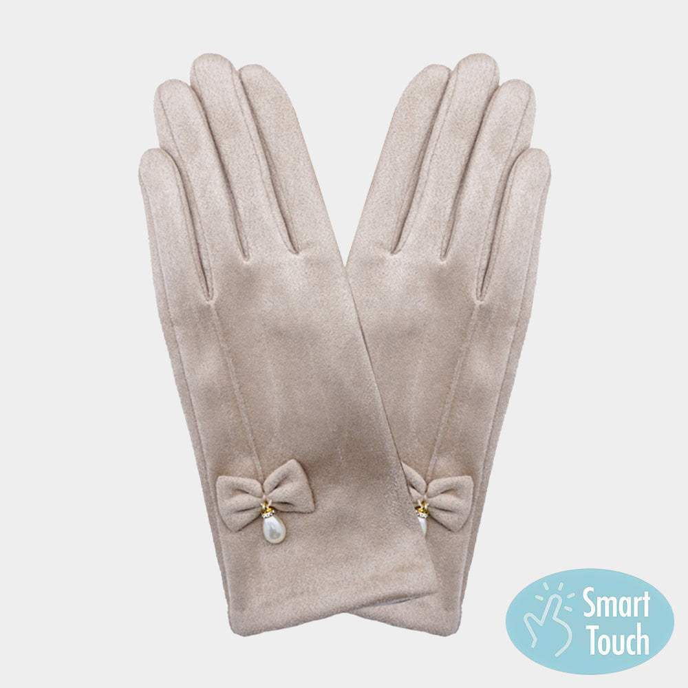 Bow Pearl Dangle Pointed Faux Suede Smart Touch Gloves - Madeline Love - Flyclothing LLC