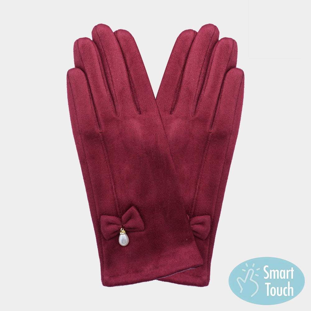 Bow Pearl Dangle Pointed Faux Suede Smart Touch Gloves - Madeline Love - Flyclothing LLC