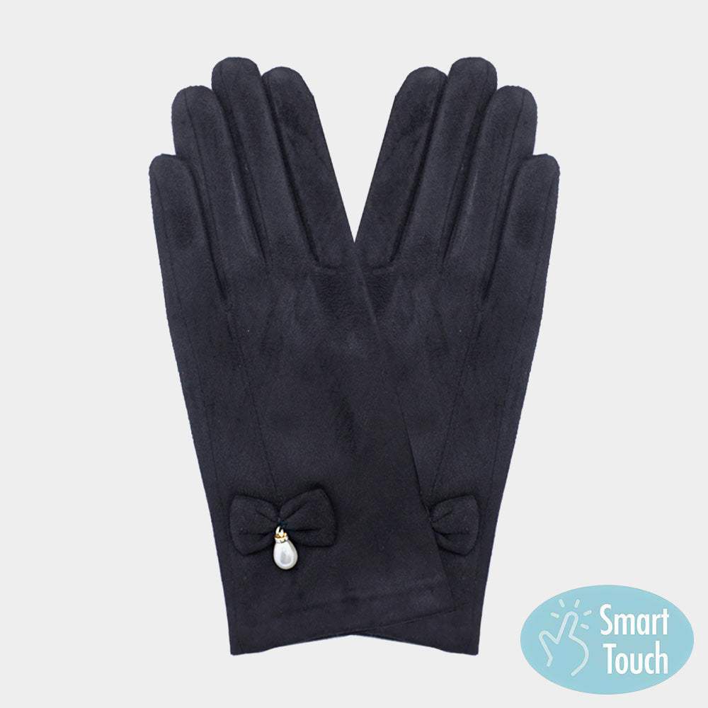 Bow Pearl Dangle Pointed Faux Suede Smart Touch Gloves - Madeline Love - Flyclothing LLC