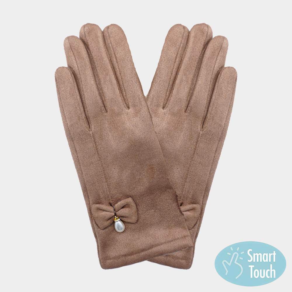 Bow Pearl Dangle Pointed Faux Suede Smart Touch Gloves - Madeline Love - Flyclothing LLC