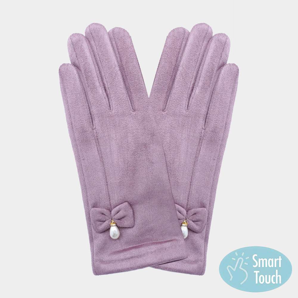 Bow Pearl Dangle Pointed Faux Suede Smart Touch Gloves - Madeline Love - Flyclothing LLC