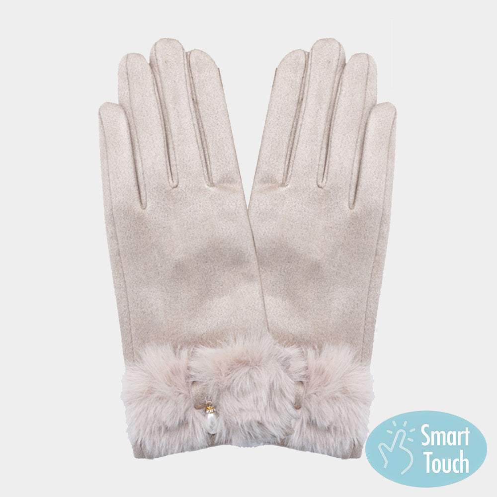 Pearl Pointed Fuzzy Bow Accented Smart Touch Gloves - Madeline Love - Flyclothing LLC