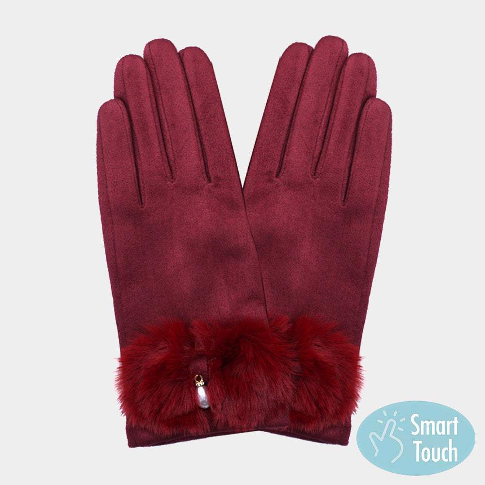 Pearl Pointed Fuzzy Bow Accented Smart Touch Gloves - Madeline Love - Flyclothing LLC