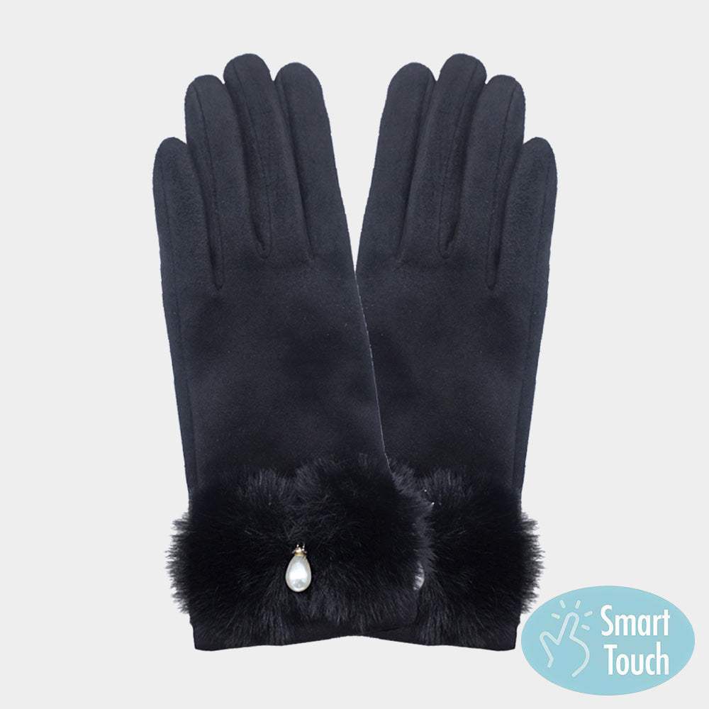 Pearl Pointed Fuzzy Bow Accented Smart Touch Gloves - Madeline Love - Flyclothing LLC