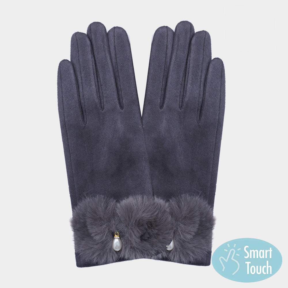Pearl Pointed Fuzzy Bow Accented Smart Touch Gloves - Madeline Love - Flyclothing LLC