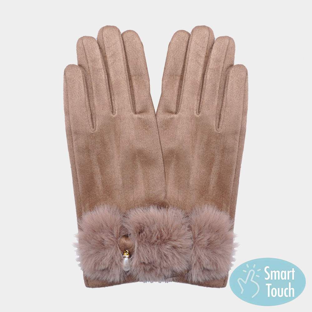Pearl Pointed Fuzzy Bow Accented Smart Touch Gloves - Madeline Love - Flyclothing LLC