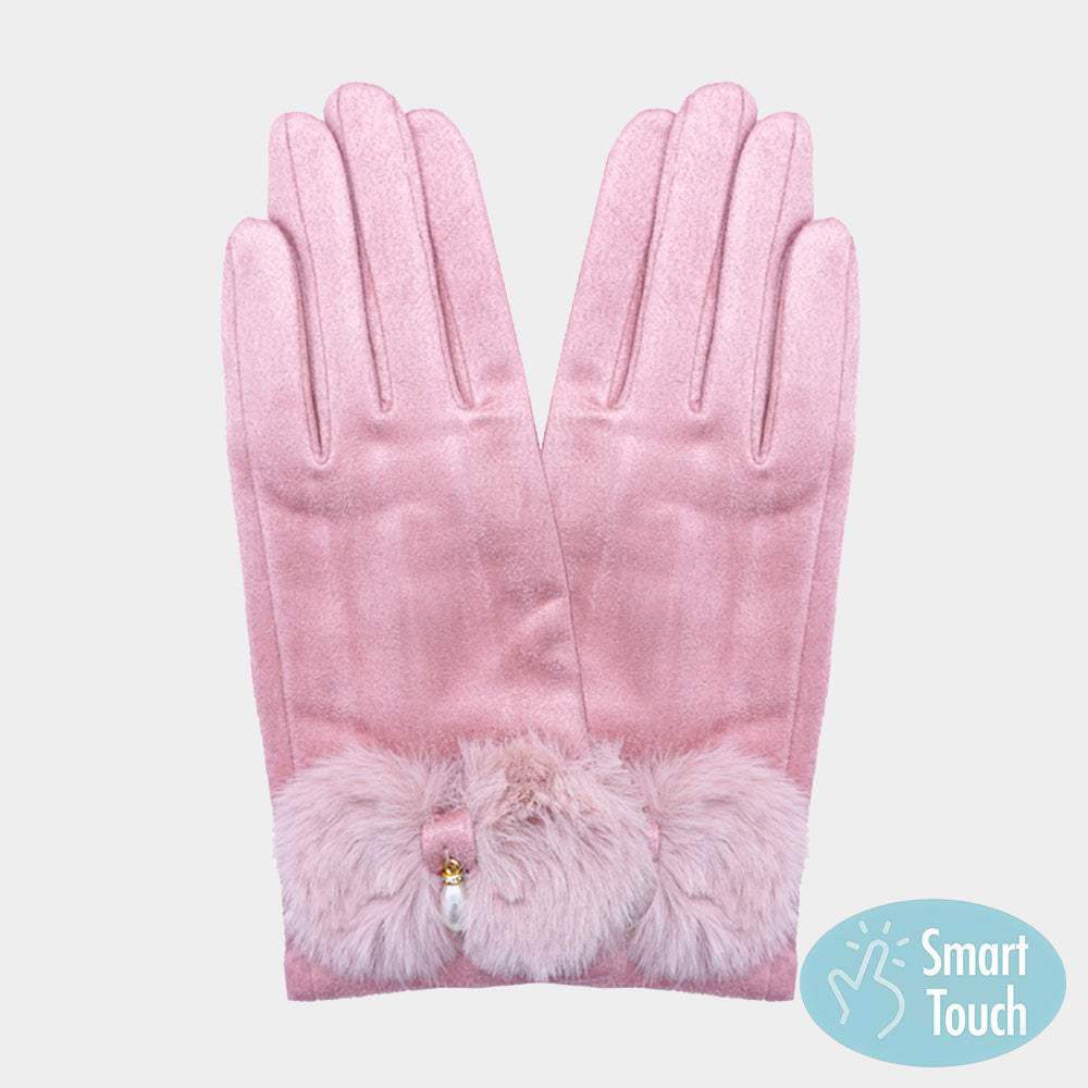 Pearl Pointed Fuzzy Bow Accented Smart Touch Gloves - Madeline Love - Flyclothing LLC