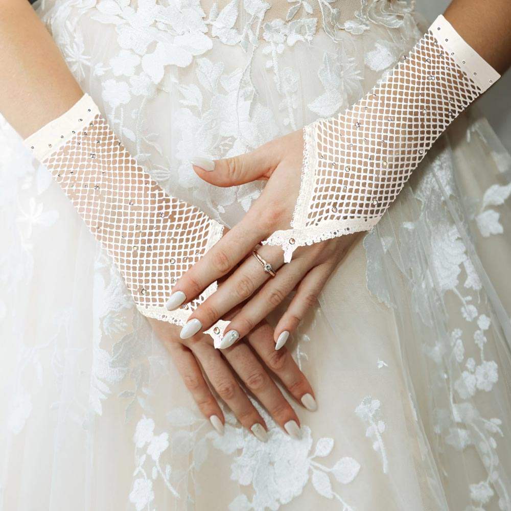 Stone Embellished Fishnet Fingerless Wedding Gloves - Madeline Love - Flyclothing LLC