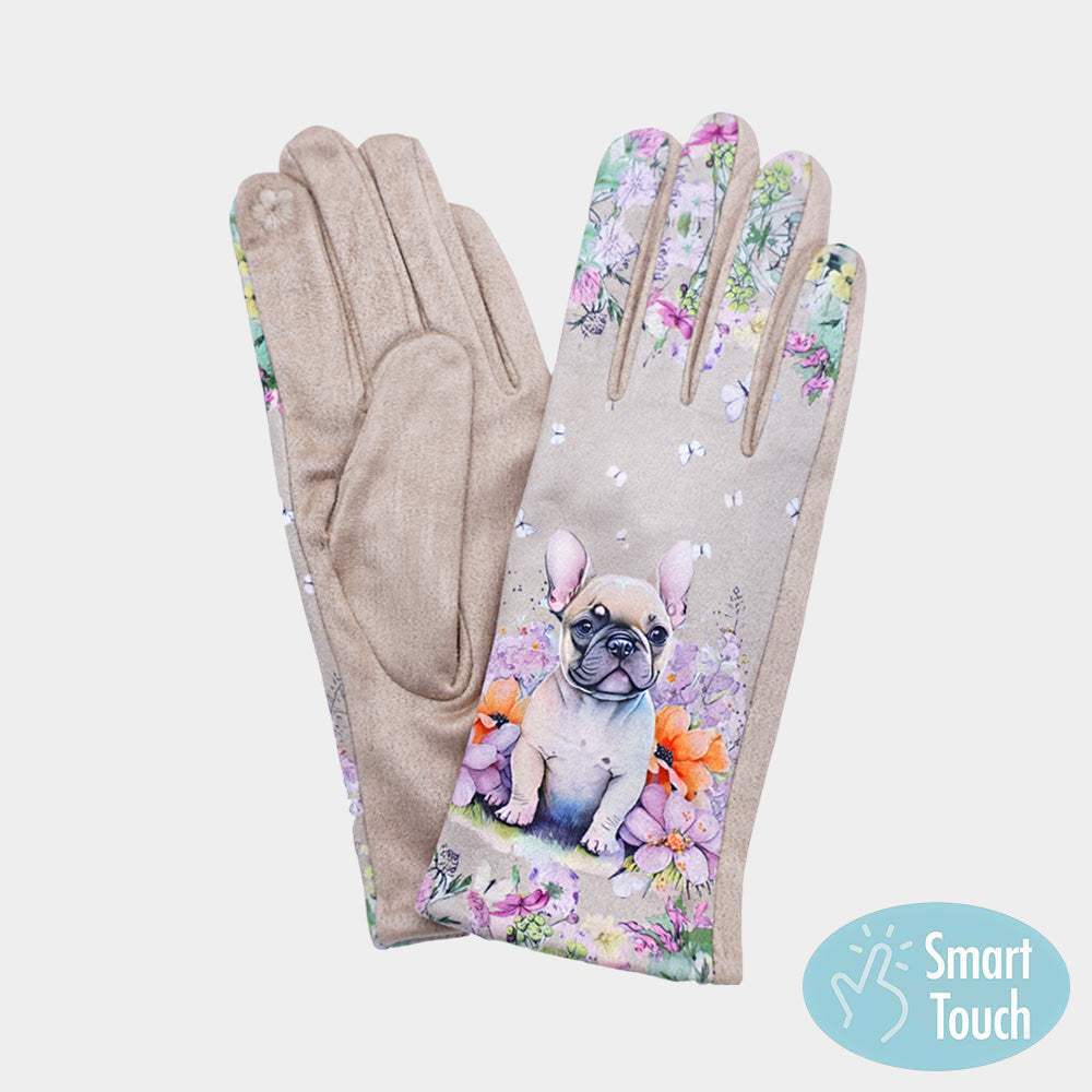 Floral French Bulldog Printed Smart Touch Gloves - Madeline Love - Flyclothing LLC