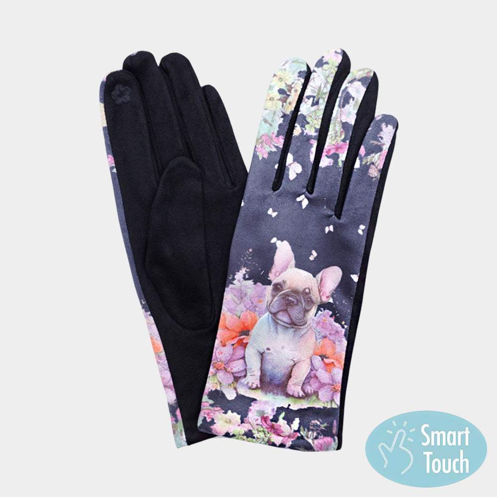 Floral French Bulldog Printed Smart Touch Gloves - Madeline Love - Flyclothing LLC