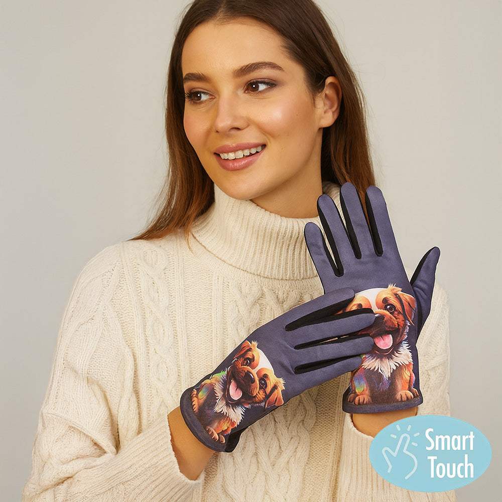 Playful Puppy Printed Smart Touch Gloves - Madeline Love - Flyclothing LLC