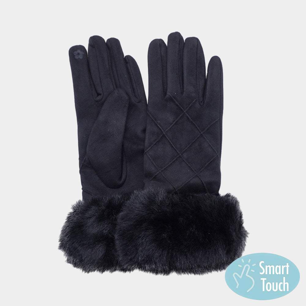 Faux Fur Cuff Quilted Smart Touch Gloves - Madeline Love - Flyclothing LLC