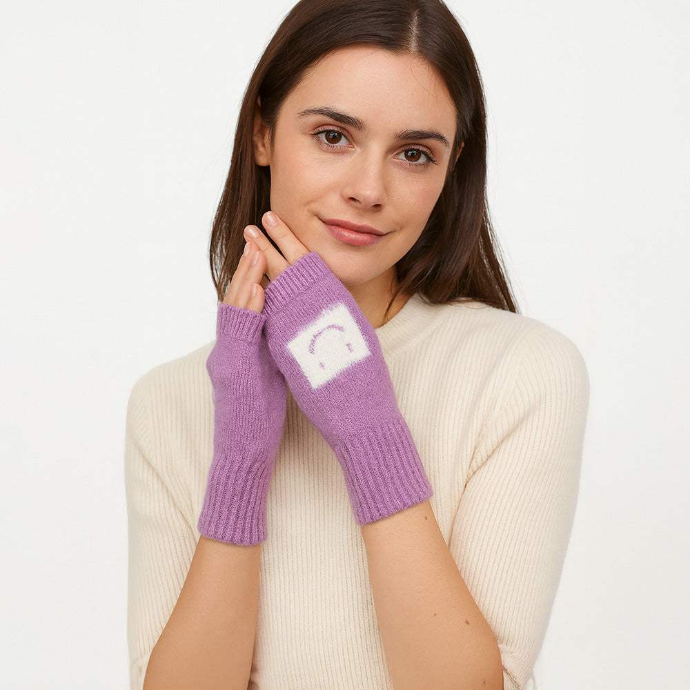 Square Smile Face Accent Fingerless Knit Gloves - Madeline Love - Flyclothing LLC